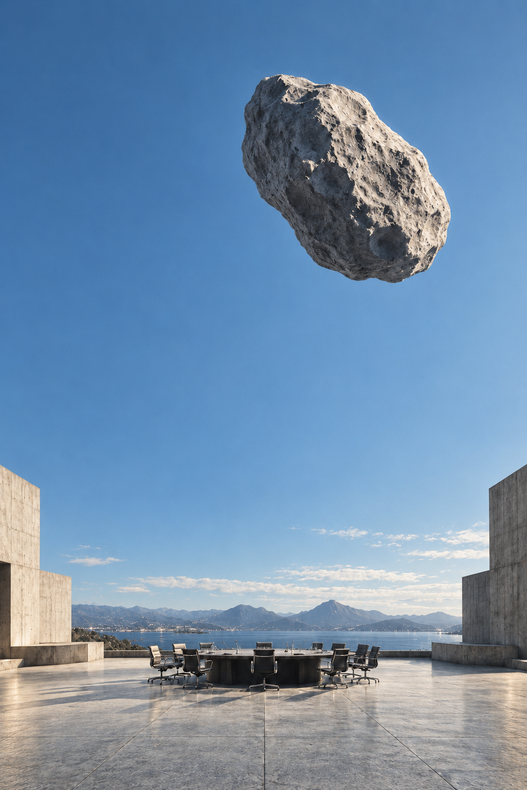 Une table de sommet sous un ciel bleu dominé par un astéroïde.