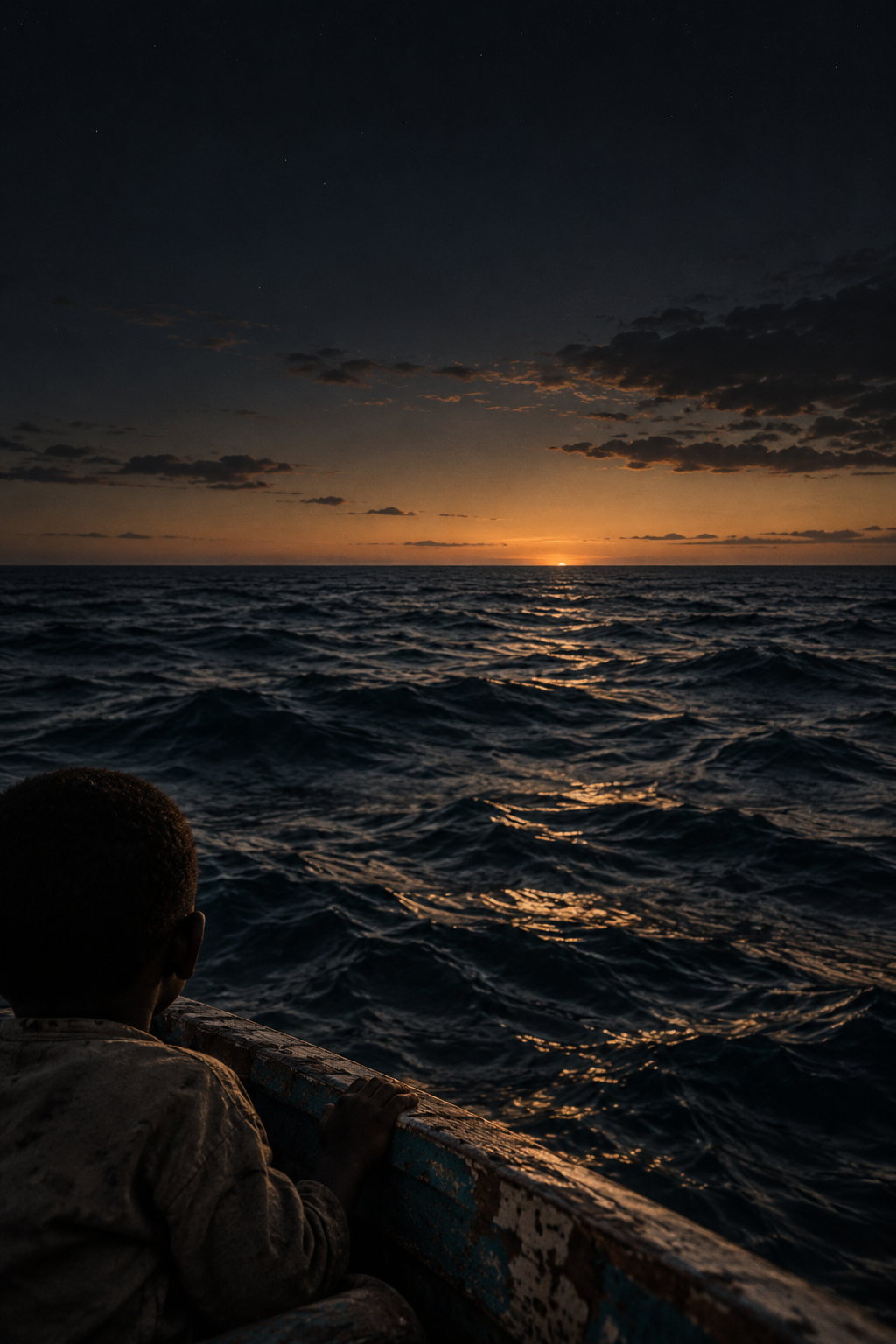 La mer vue à hauteur d’enfant depuis une petite embarcation, face à un horizon lumineux.