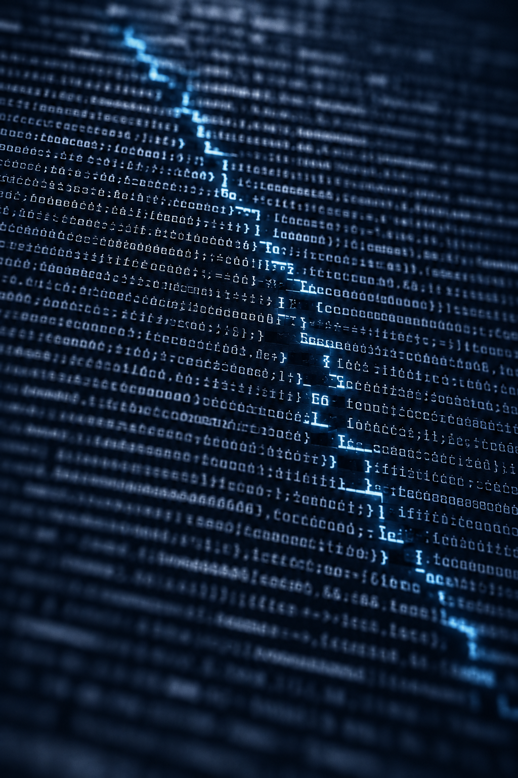 Une faille cyan désorganise des lignes de code sur un fond bleu sombre.